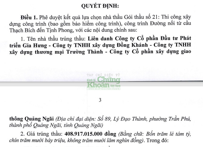 4 doanh nghiệp đảm nhận gói thầu có giá trị lớn nhất của Dự án đường nối cầu Thạch Bích - Tịnh Phong