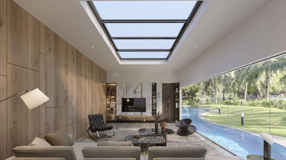 Ứng dụng cửa sổ trời cảm biến thời tiết (mái kính tự động skylight), kính điện đổi màu thông minh trong kiến trúc biệt thự nhà vườn đáp ứng tiêu chí “sống sang như nghỉ dưỡng”.