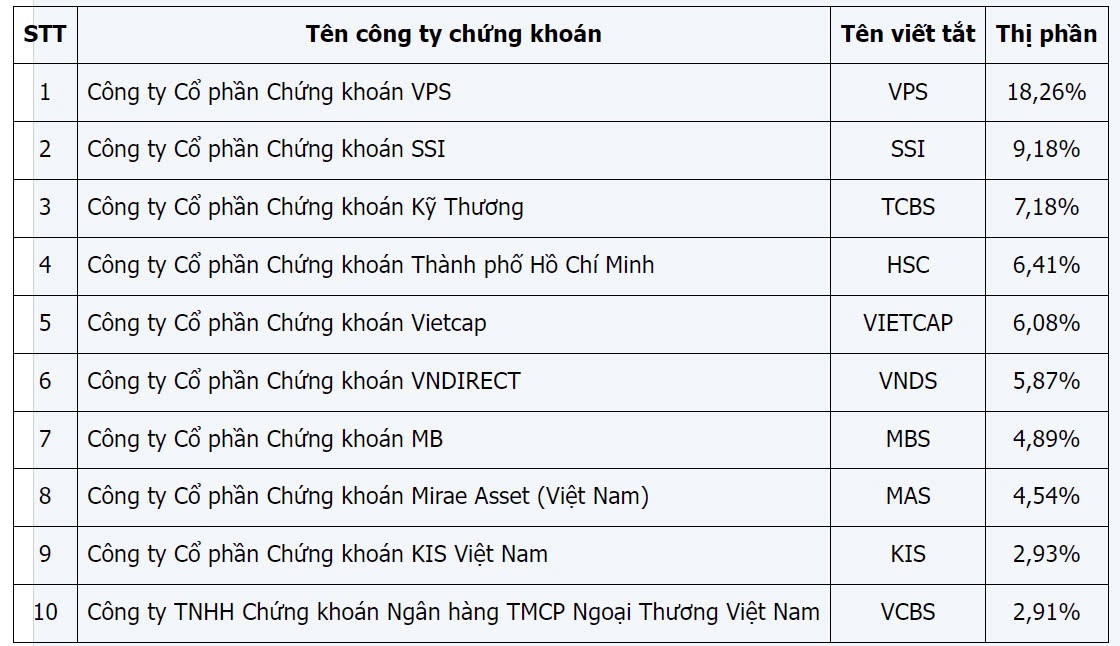 10 công ty chứng khoán có thị phần môi giới trên HoSE lớn nhất năm 2024 (Nguồn: HoSE)