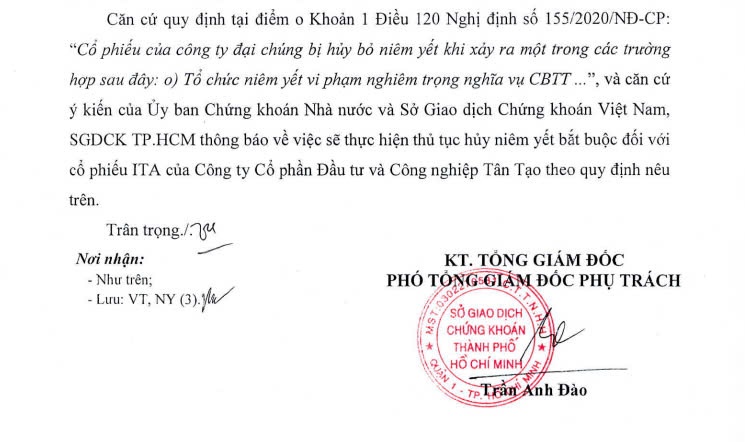 Xin gỡ cảnh báo cổ phiếu ITA, Tân Tạo nhận lại án huỷ niêm yết bắt buộc