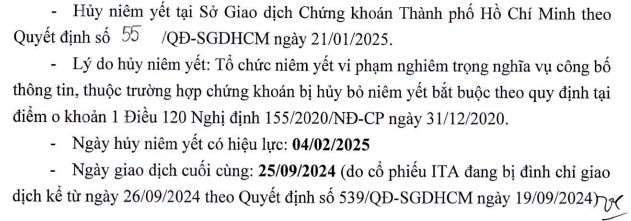 HoSE định ngày hủy niêm yết cổ phiếu ITA