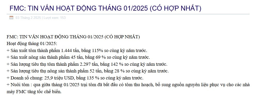 Sao Ta (FMC) khởi động tháng đầu năm với kết quả trái chiều từ mảng tôm và nông sản