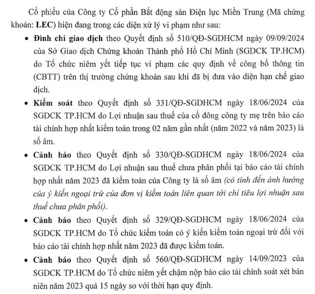 Bất động sản Điện lực Miền Trung (LEC) có nguy cơ bị hủy niêm yết trên HOSE