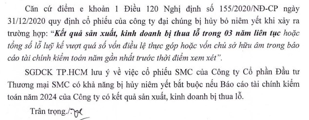 Đầu tư Thương mại SMC đối diện nguy cơ hủy niêm yết