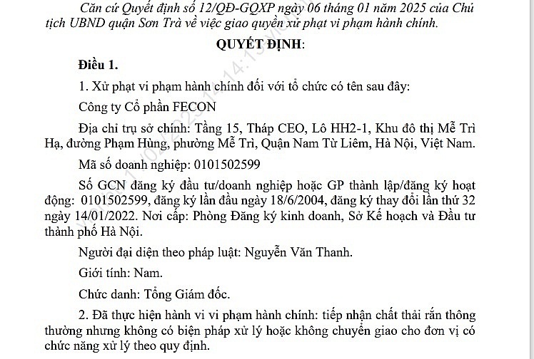 Trích quyết định xử phạt FECON của UBND quận Sơn Trà