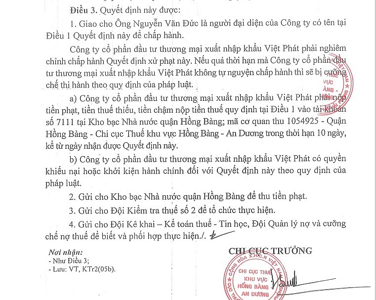 Một phần nội dung quyết định xử phạt hành chính về thuế đối với Việt Phát