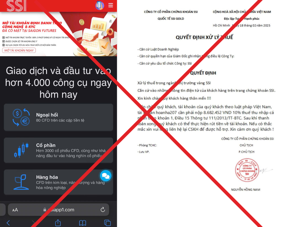 Chứng khoán SSI cảnh báo website lừa đảo mạo danh công ty, lừa đảo nhà đầu tư