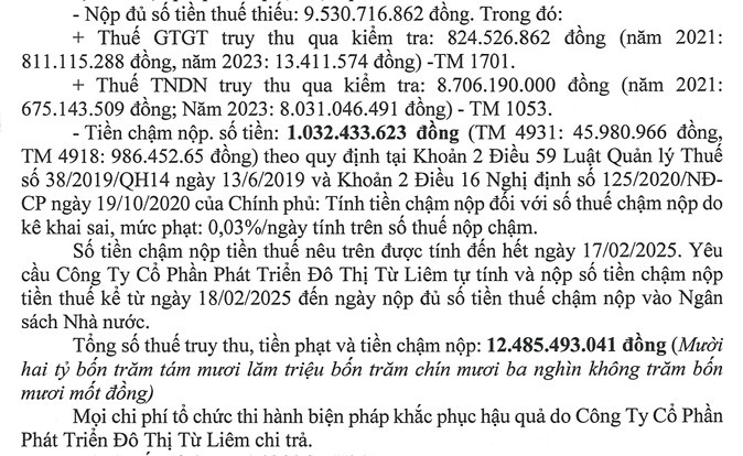 Lideco (NTL) bị Cục Thuế Hà Nội xử phạt, truy thu thuế hơn 12 tỷ đồng