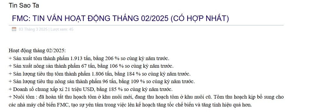 Doanh số tháng 2 của Sao Ta (FMC) tăng mạnh 85%, chốt ngày họp ĐHĐCĐ thường niên 2025