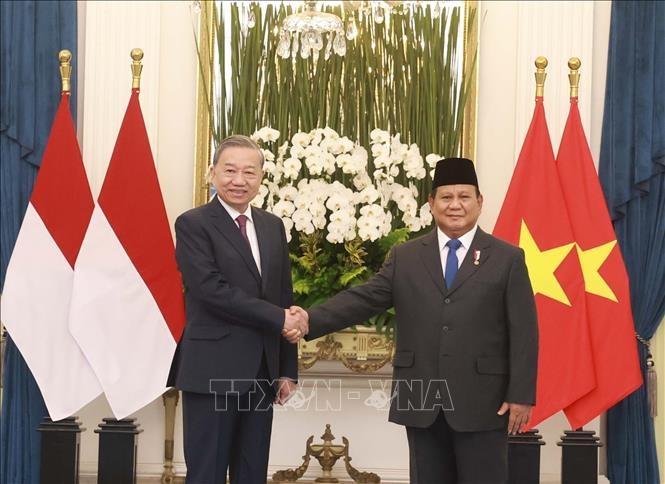 Tổng Bí thư Tô Lâm và Tổng thống Indonesia Prabowo Subianto. Ảnh: TTXVN