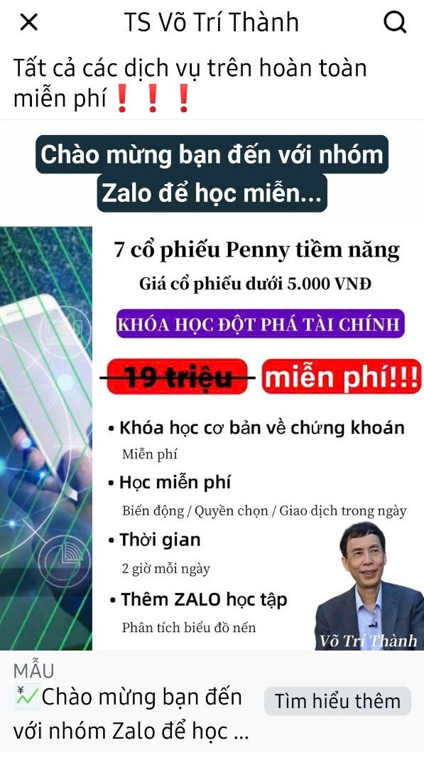 TS. Võ Trí Thành bị mạo danh, sử dụng hình ảnh trên Fanpage Facebook để mời gọi tham gia các khoá học đầu tư chứng khoán.