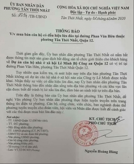 TP. HCM: Chính quyền đưa ra cảnh báo dấu hiệu lừa đảo mua bán căn hộ Lê Minh
