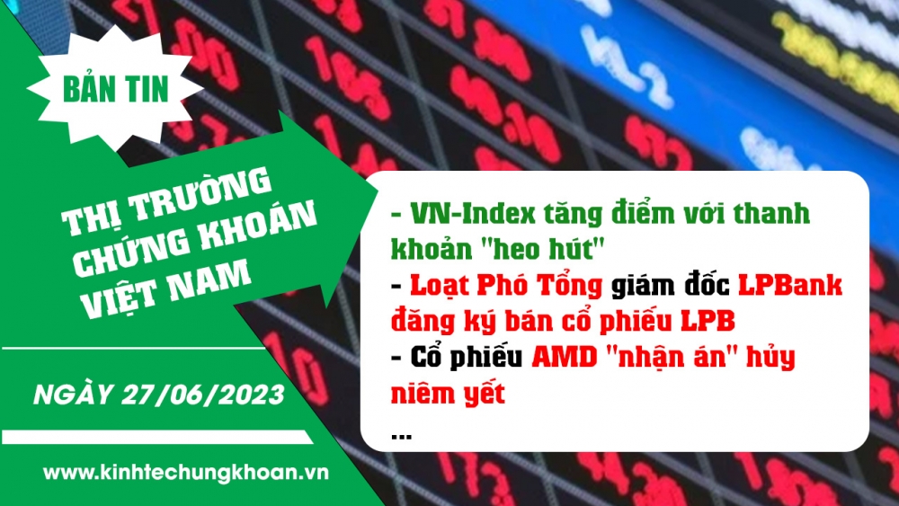 Bản tin chứng khoán ngày 27/6/2023: VN-Index tăng điểm với thanh khoản giảm mạnh